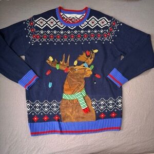 Holiday Hype Mens Long Sleeve Crew Neck Reindeer Multicolor Knit Sweater Size XL